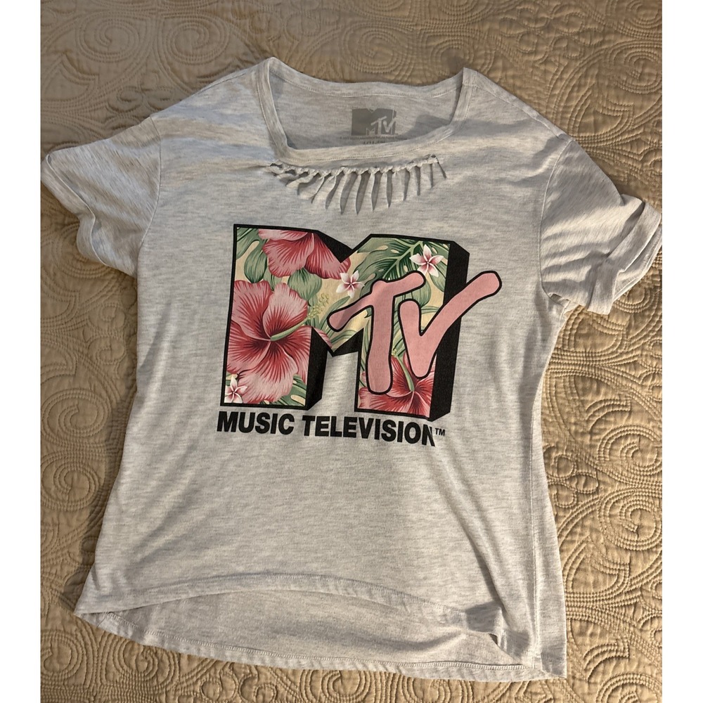 Y2K MTV Graphic Logo Hi-Lo Cutout T-shirt Short Cuffed Sleeves Sz L